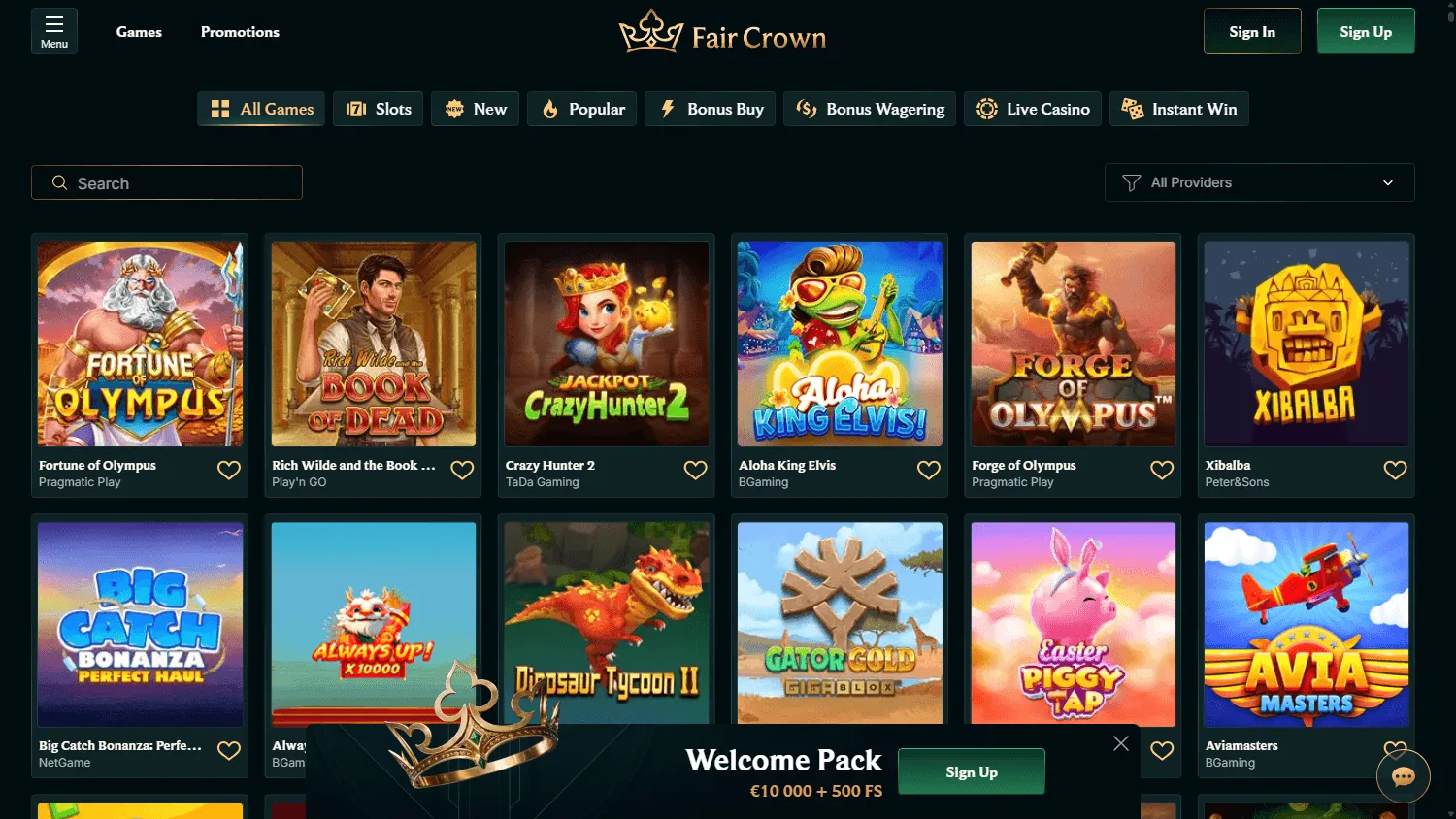 Faircrown Casino desktop games selection