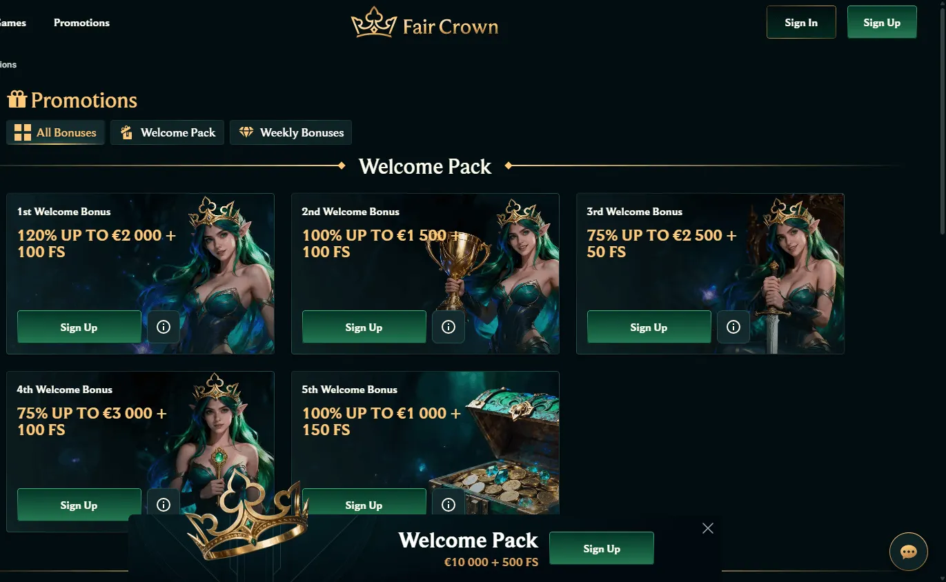 Faircrown Casino desktop promotions and free-spin offers