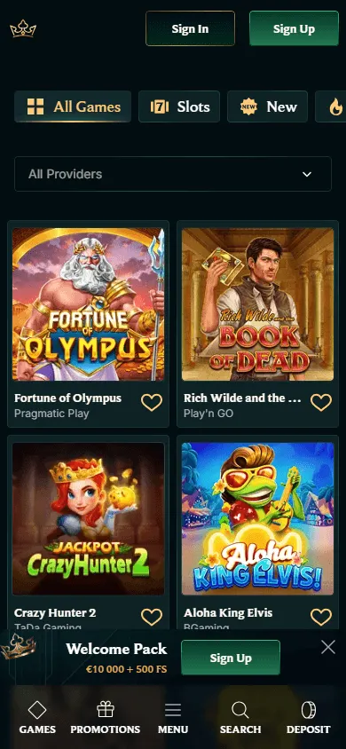 Faircrown Casino mobile games selection